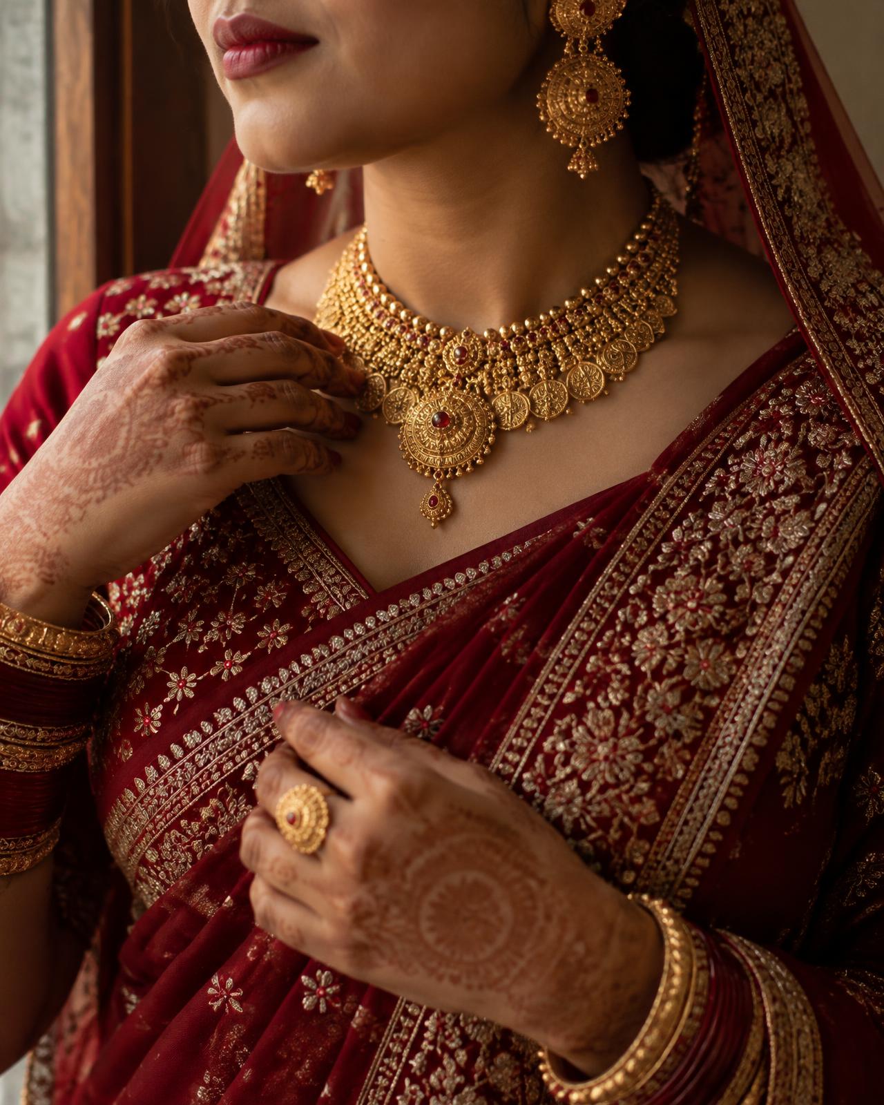 Nepalese bride wearing traditional gold jewellery