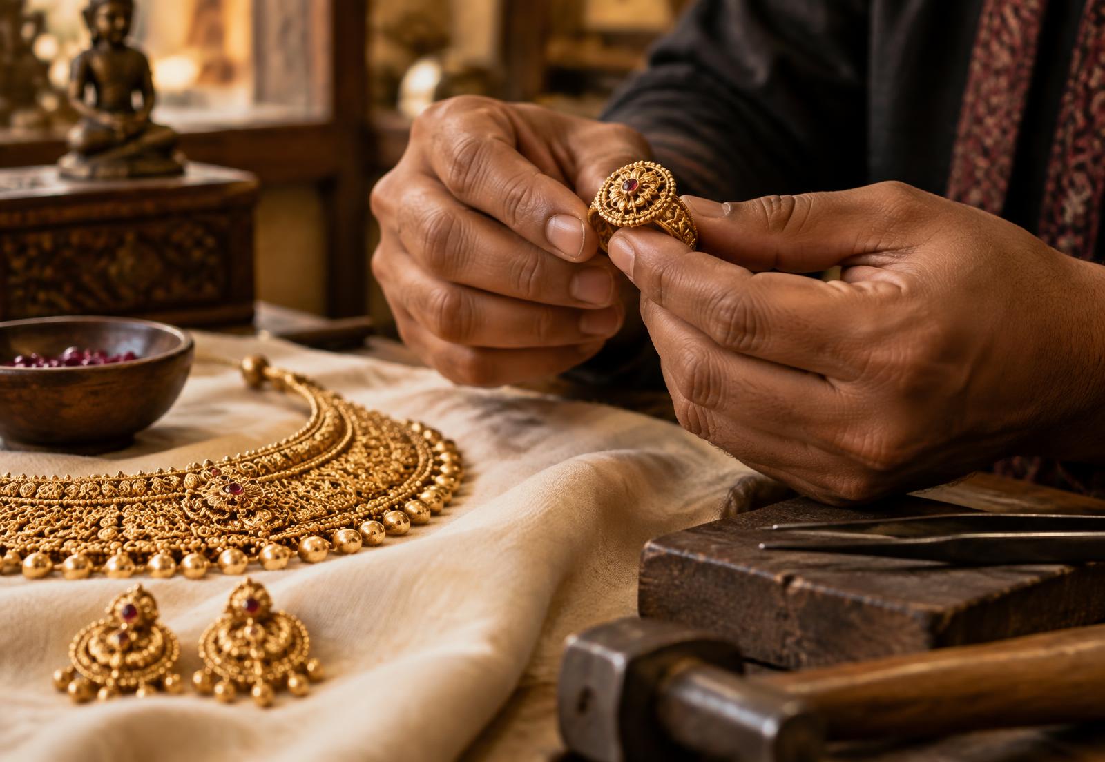 Gold jewellery being examined with care
